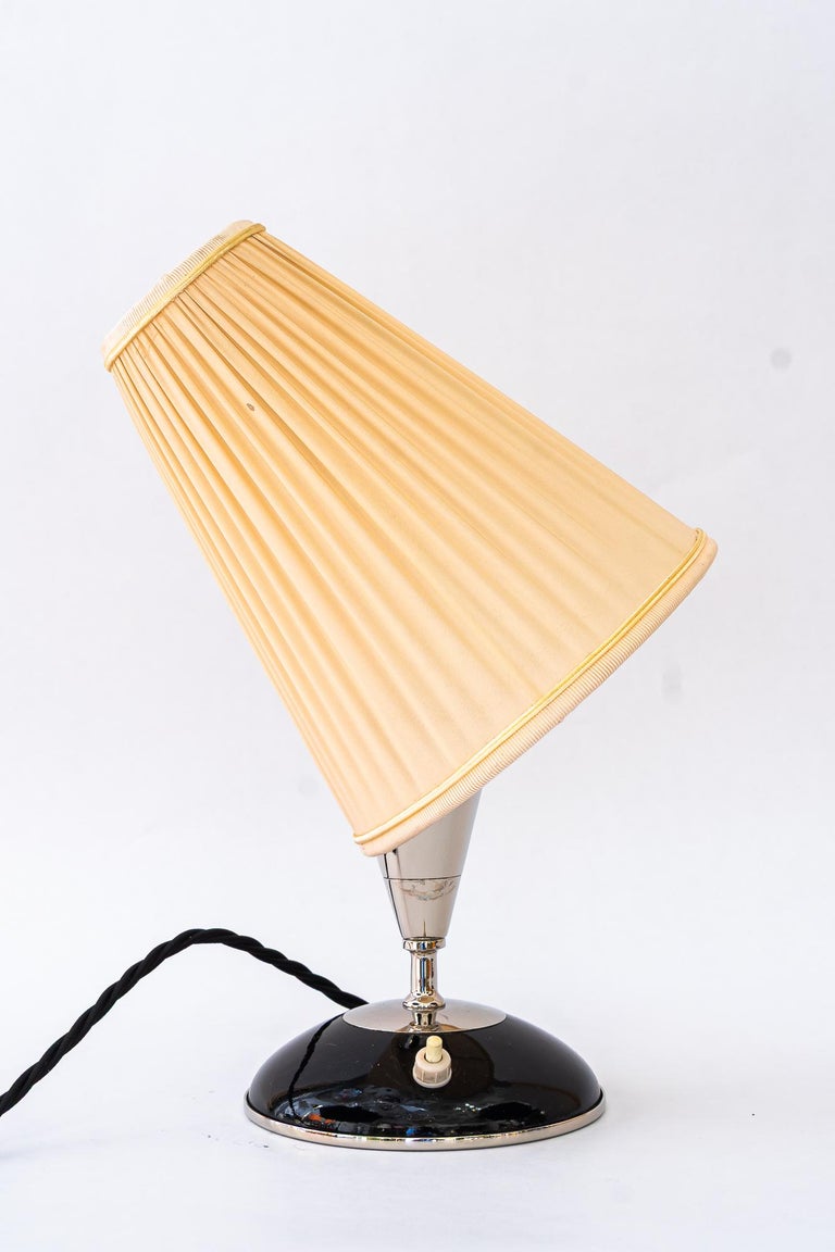 Art Deco wood table lamp with nickel- plated metal and fabric shade vienna 1920s