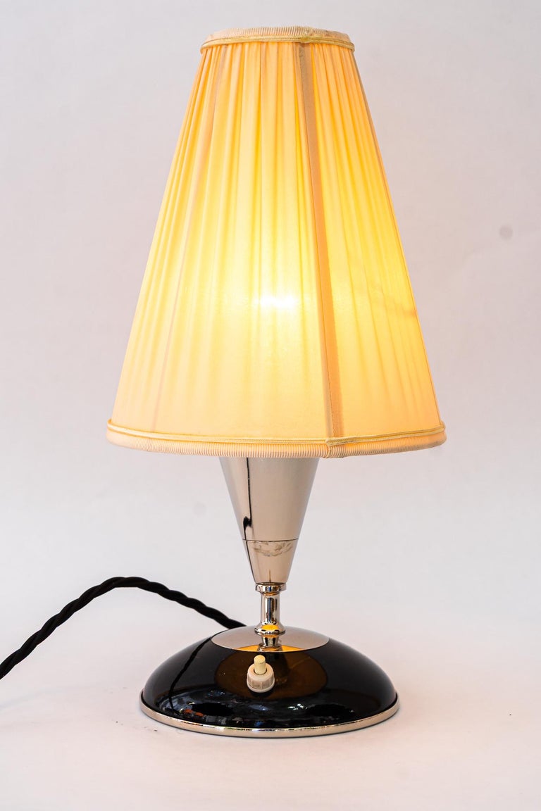 Art Deco wood table lamp with nickel- plated metal and fabric shade vienna 1920s