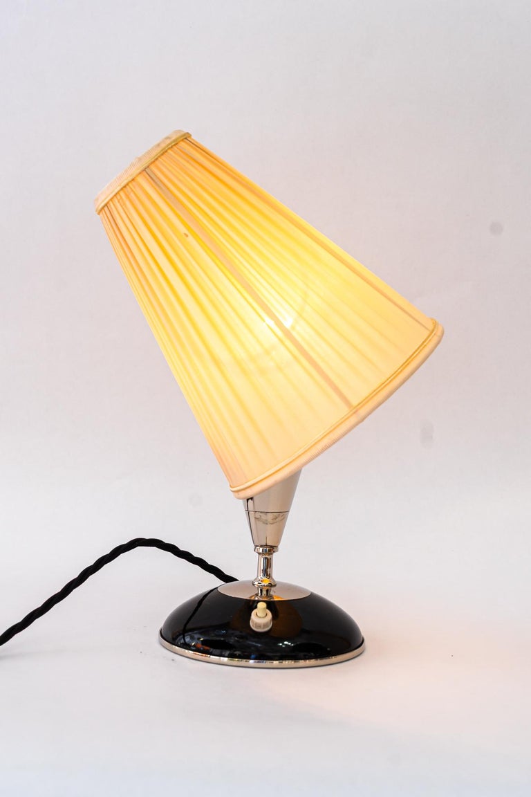 Art Deco wood table lamp with nickel- plated metal and fabric shade vienna 1920s
