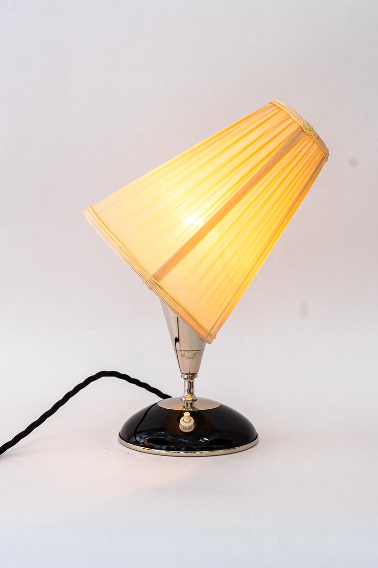 Art Deco wood table lamp with nickel- plated metal and fabric shade vienna 1920s