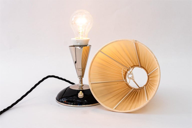 Art Deco wood table lamp with nickel- plated metal and fabric shade vienna 1920s