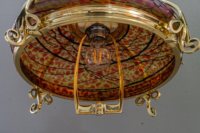 Adjustable chandelier with palme koenig glass shade vienna around 1908s