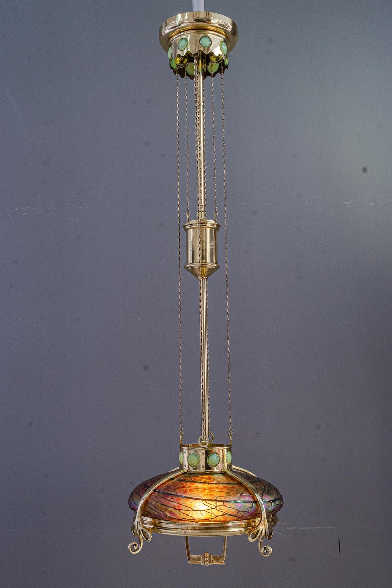 Adjustable chandelier with palme koenig glass shade vienna around 1908s