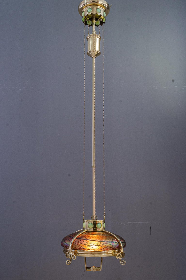 Adjustable chandelier with palme koenig glass shade vienna around 1908s