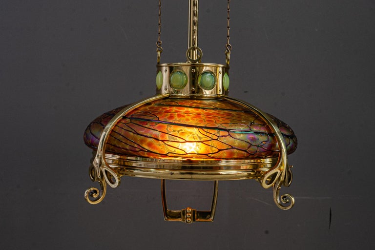 Adjustable chandelier with palme koenig glass shade vienna around 1908s