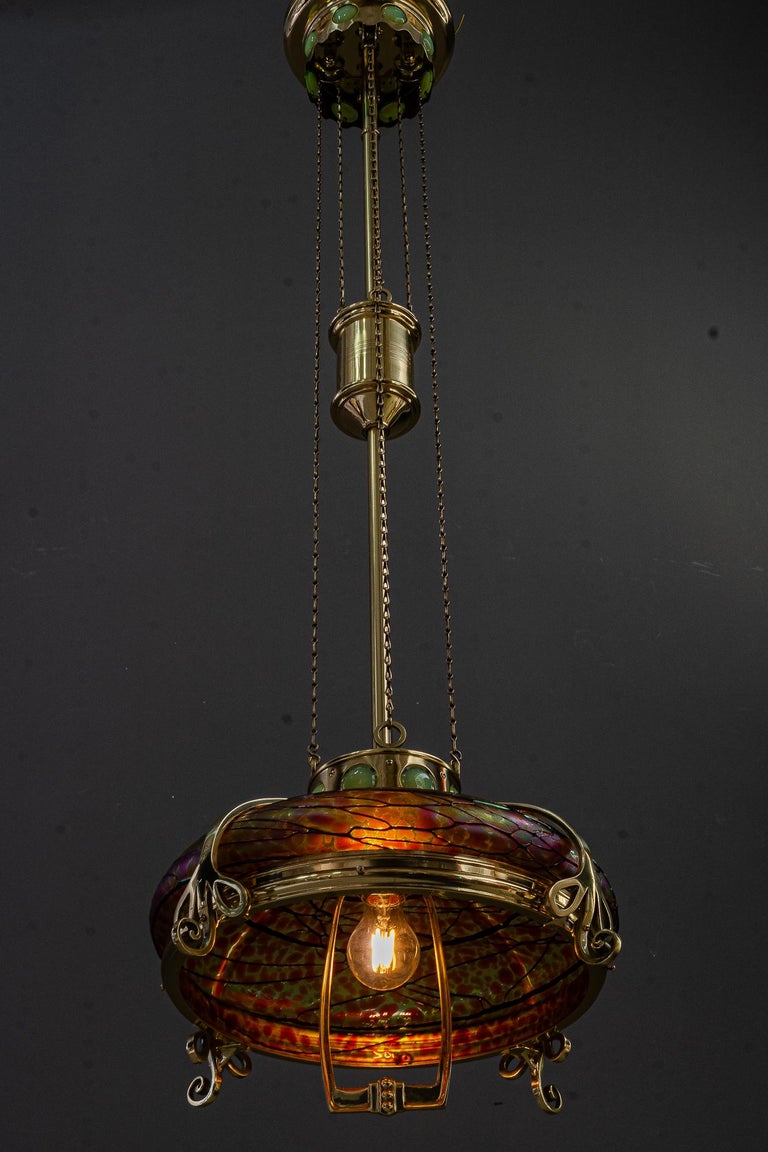 Adjustable chandelier with palme koenig glass shade vienna around 1908s
