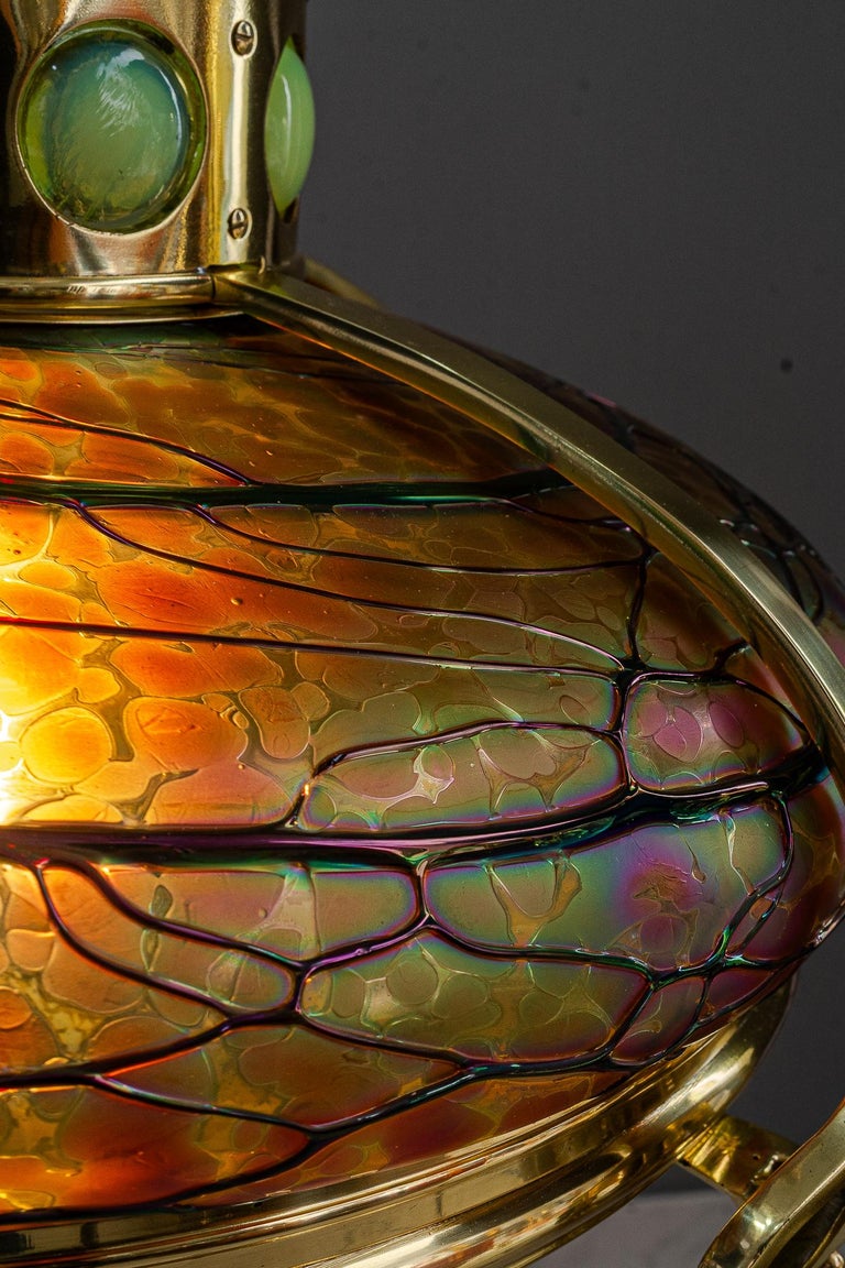 Adjustable chandelier with palme koenig glass shade vienna around 1908s