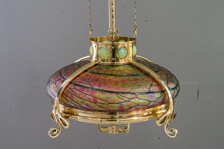 Adjustable chandelier with palme koenig glass shade vienna around 1908s