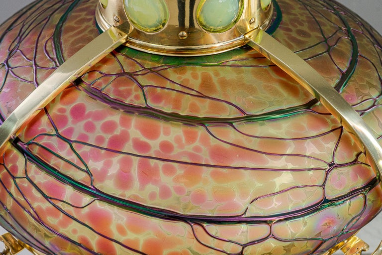 Adjustable chandelier with palme koenig glass shade vienna around 1908s