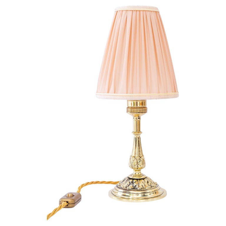 Historistic brass table lamp with fabric shade vienna around 1890s