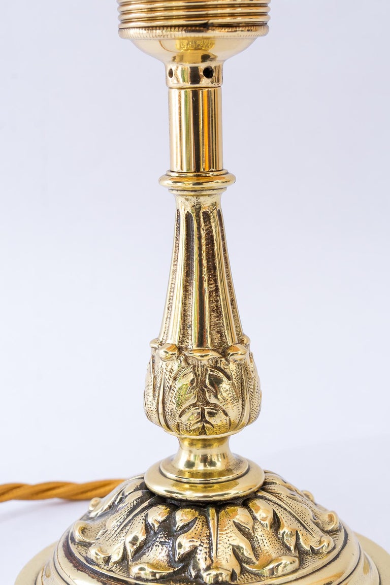 Historistic brass table lamp with fabric shade vienna around 1890s