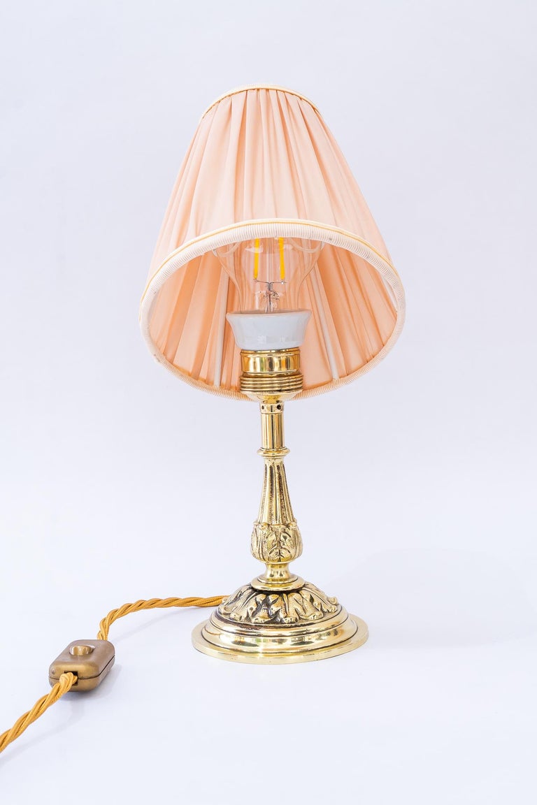 Historistic brass table lamp with fabric shade vienna around 1890s