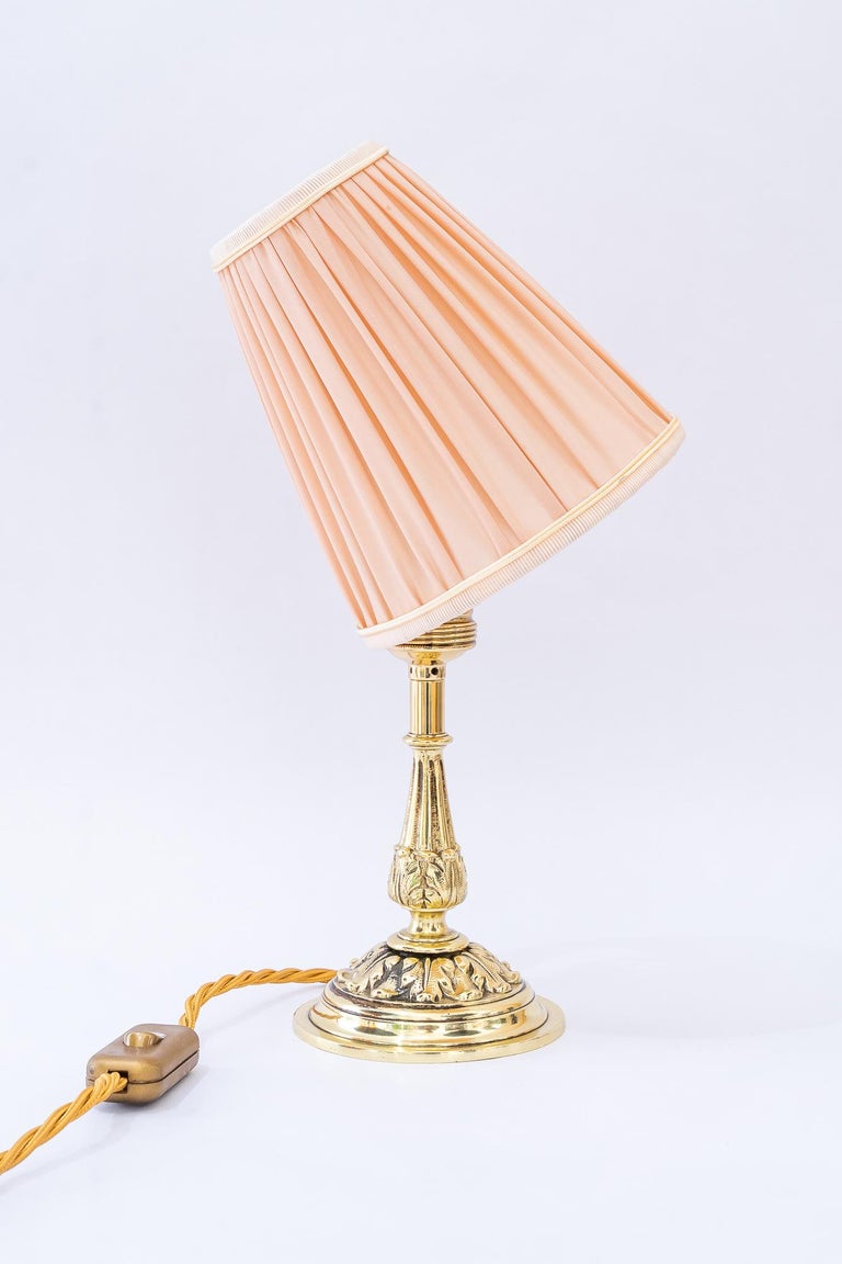 Historistic brass table lamp with fabric shade vienna around 1890s