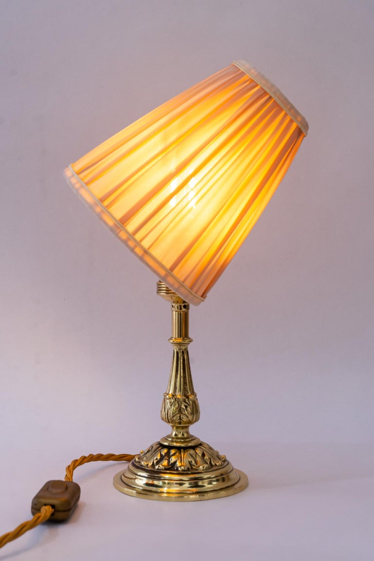 Historistic brass table lamp with fabric shade vienna around 1890s