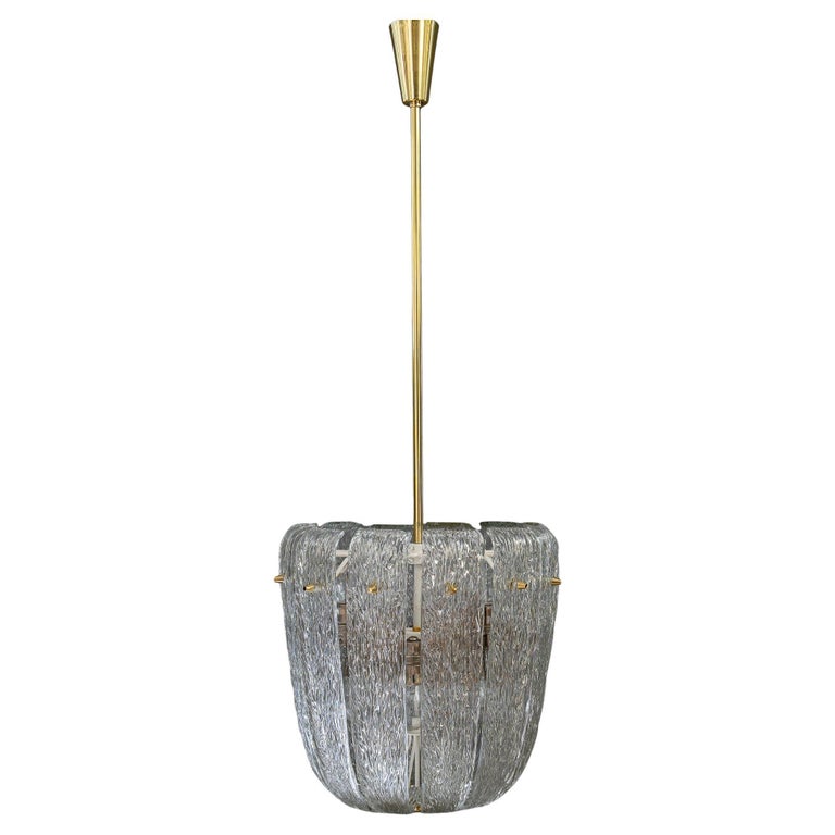 Modern mid century chandelier with brass and curved textured glass by J.T Kalmar
