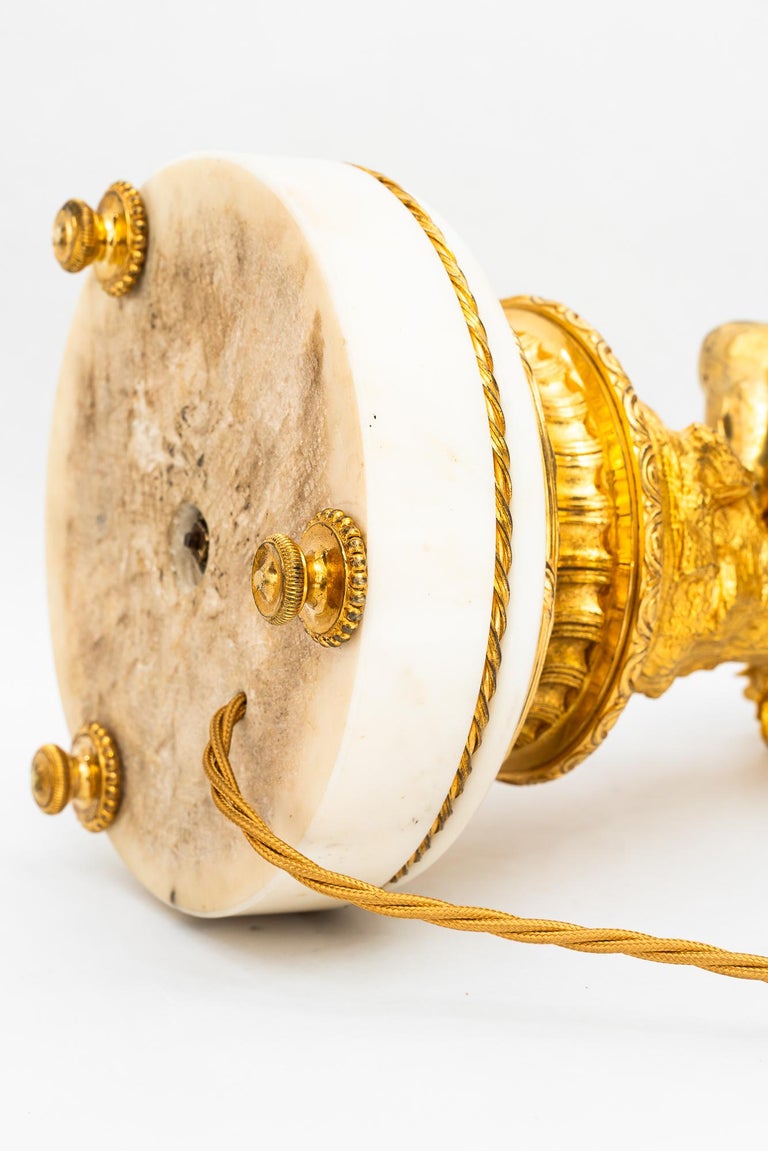 Big Historistic fire gilted bronze table lamp with fabric shade france 1890s