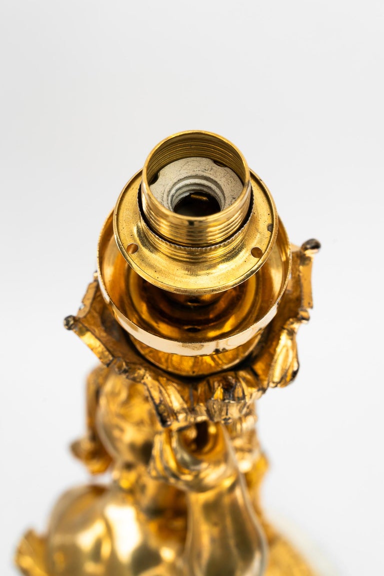 Big Historistic fire gilted bronze table lamp with fabric shade france 1890s