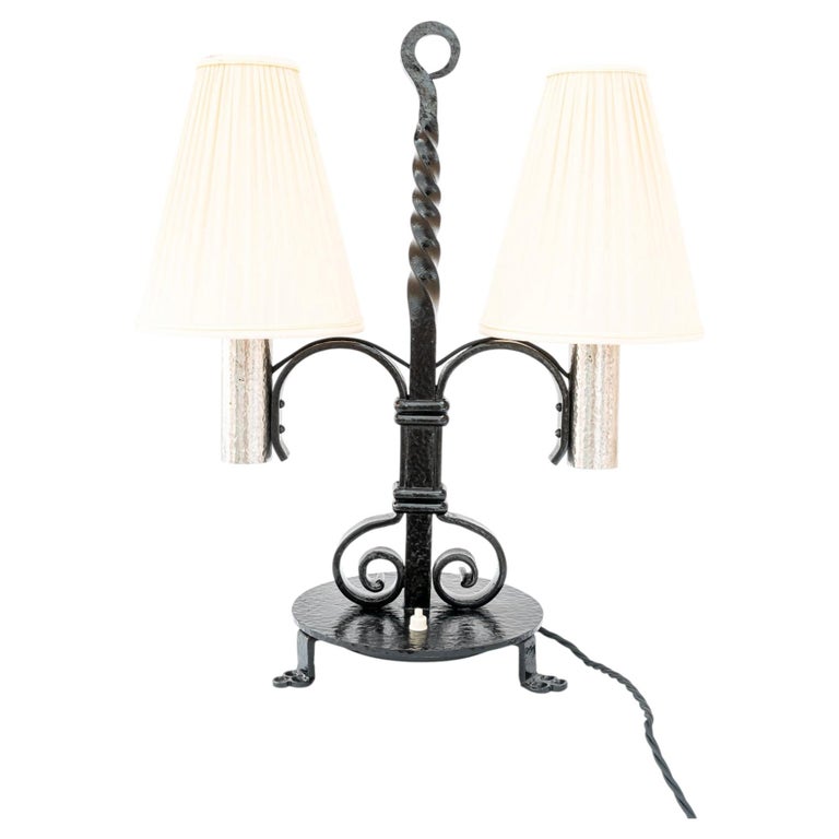 Art Deco Cast Iron table lamp with fabric shades around 1920s