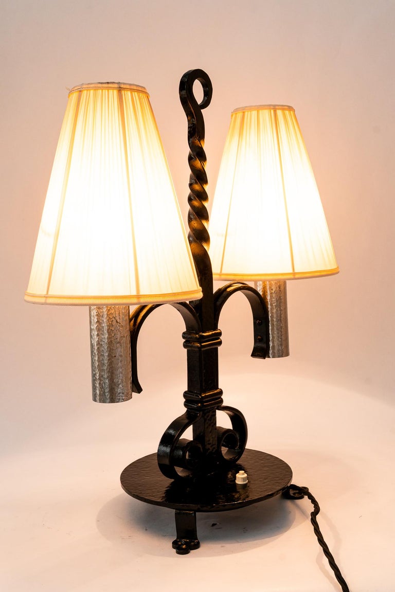 Art Deco Cast Iron table lamp with fabric shades around 1920s