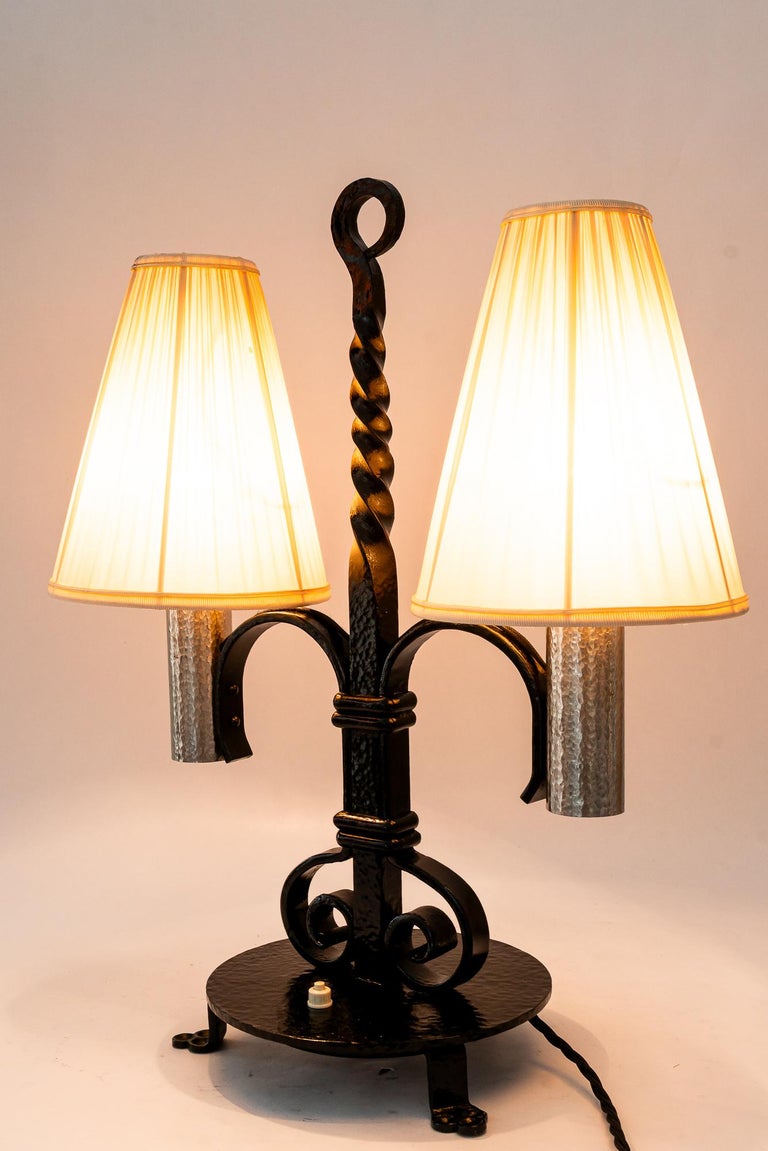 Art Deco Cast Iron table lamp with fabric shades around 1920s