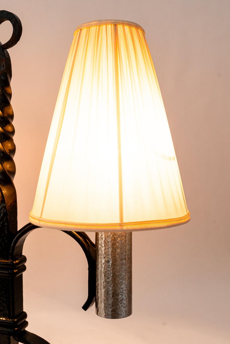 Art Deco Cast Iron table lamp with fabric shades around 1920s