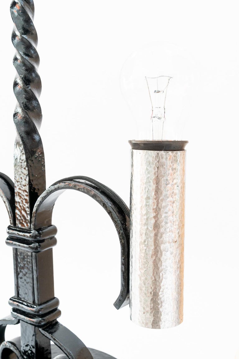 Art Deco Cast Iron table lamp with fabric shades around 1920s