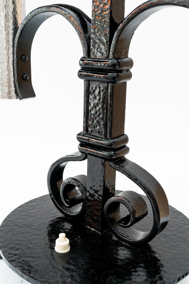 Art Deco Cast Iron table lamp with fabric shades around 1920s