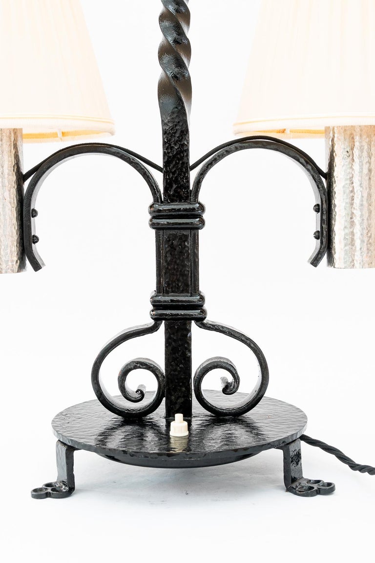 Art Deco Cast Iron table lamp with fabric shades around 1920s