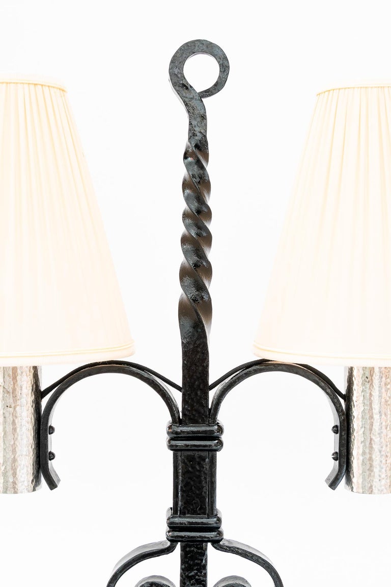 Art Deco Cast Iron table lamp with fabric shades around 1920s