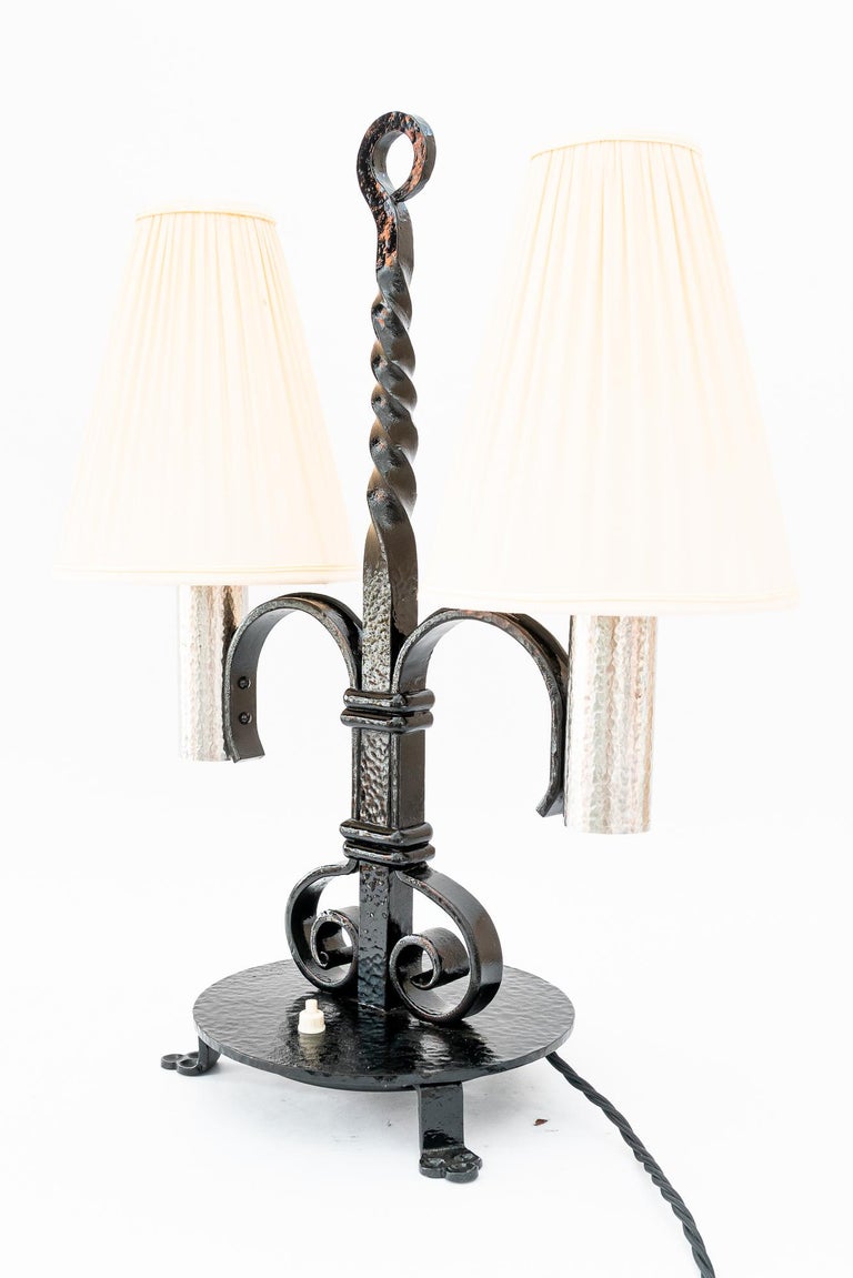 Art Deco Cast Iron table lamp with fabric shades around 1920s