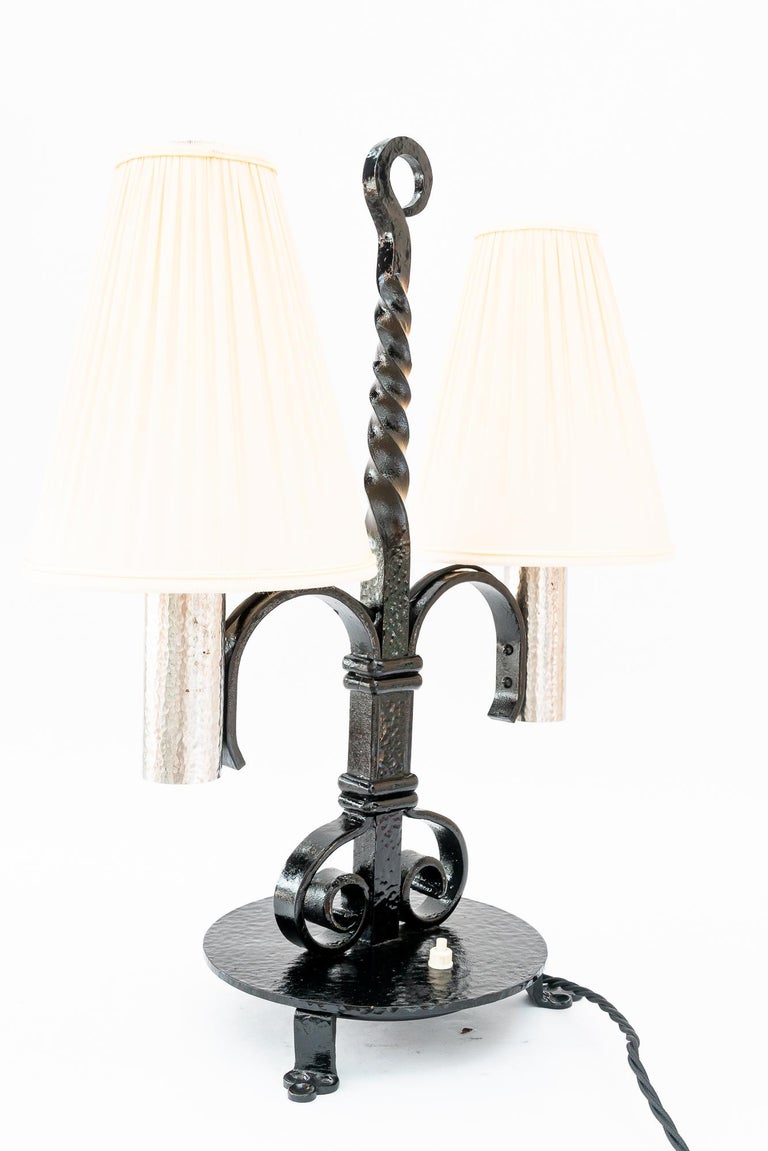 Art Deco Cast Iron table lamp with fabric shades around 1920s