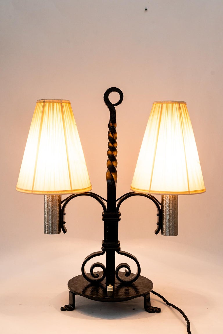 Art Deco Cast Iron table lamp with fabric shades around 1920s