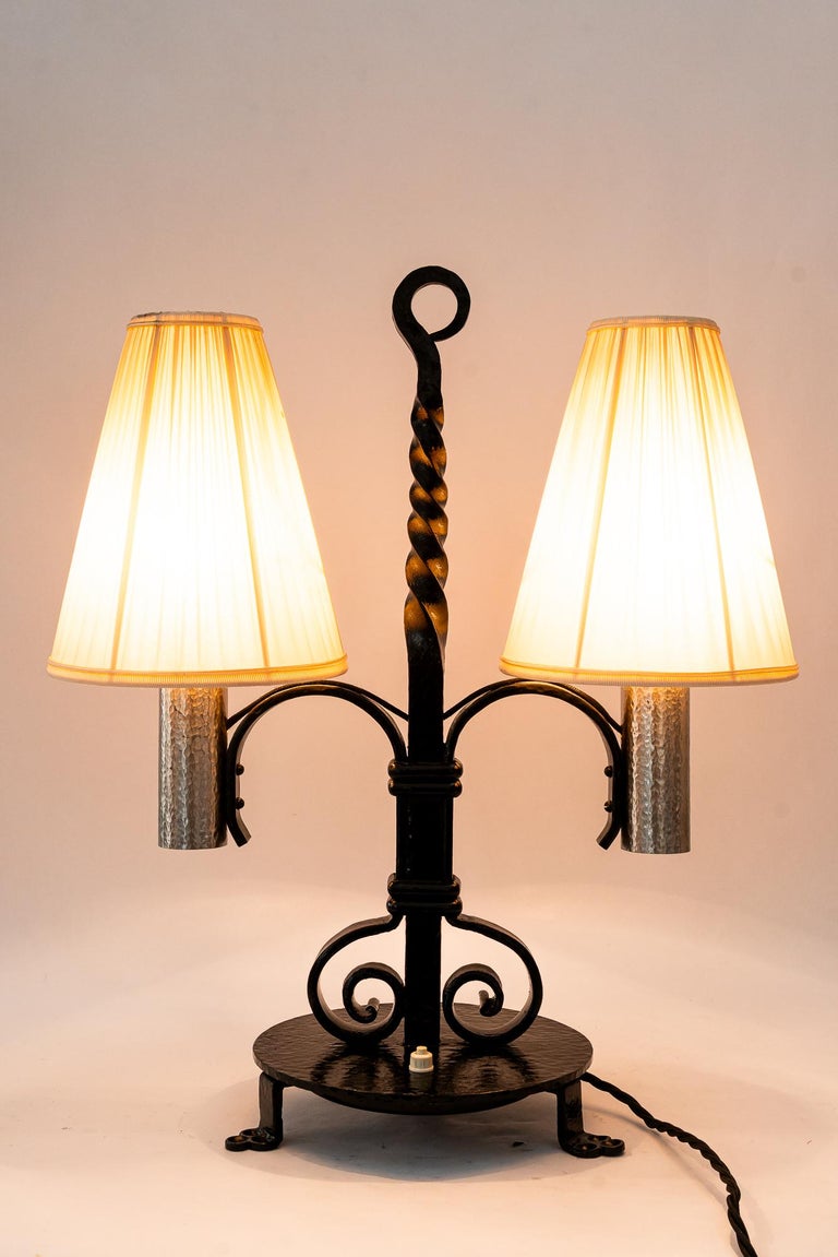 Art Deco Cast Iron table lamp with fabric shades around 1920s