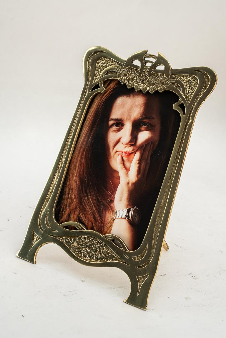 Brass Jugendstil picture frame with glass around 1908