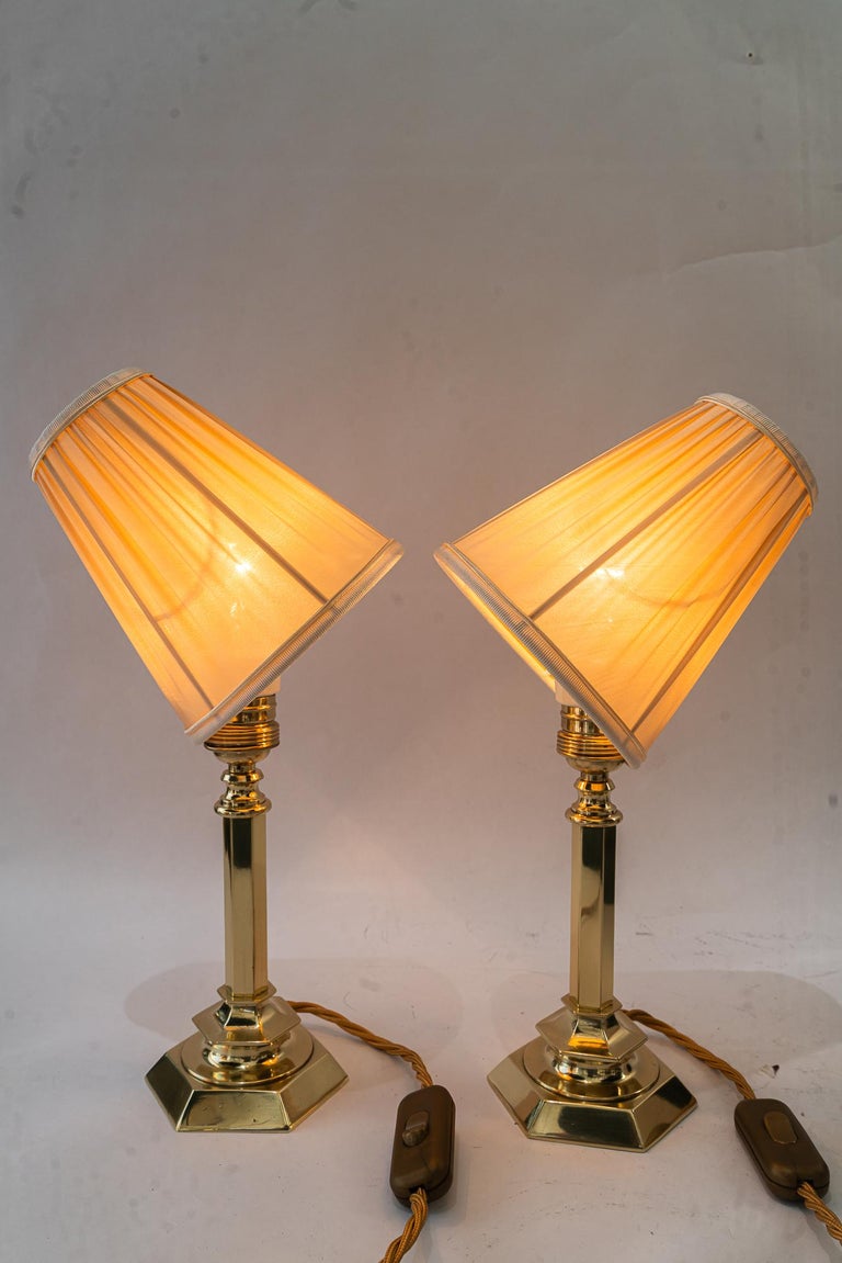 2 solid small art deco table lamps with fabric shades vienna around 1920s