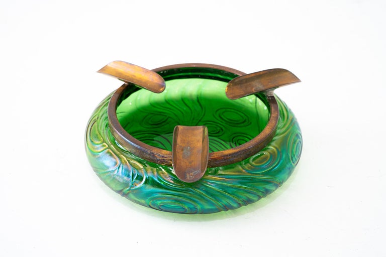 Antique Bohemian Czech Kralik Green Iridescent Art Nouveau Glass ashtray 1908