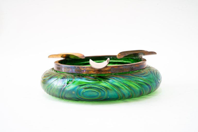 Antique Bohemian Czech Kralik Green Iridescent Art Nouveau Glass ashtray 1908