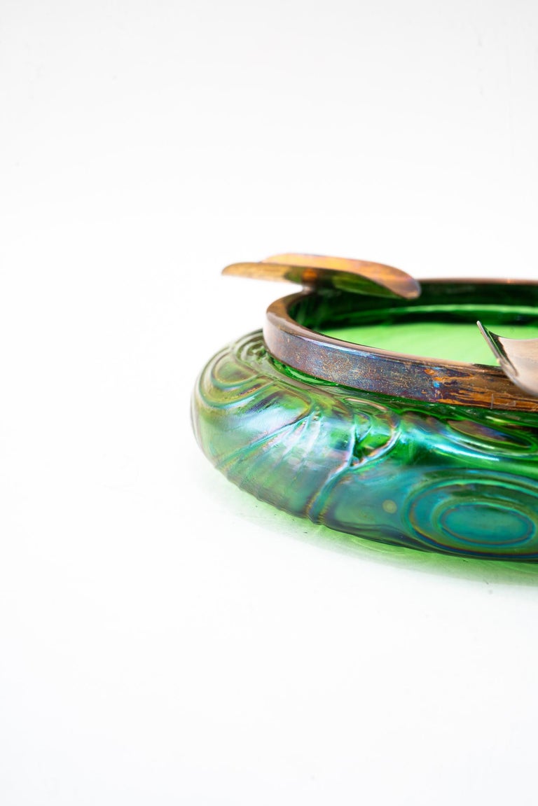 Antique Bohemian Czech Kralik Green Iridescent Art Nouveau Glass ashtray 1908