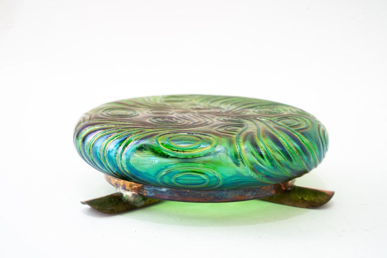 Antique Bohemian Czech Kralik Green Iridescent Art Nouveau Glass ashtray 1908