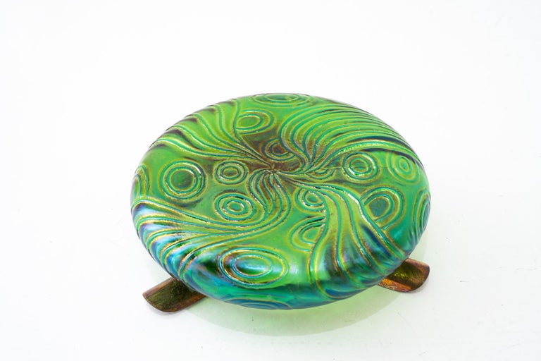 Antique Bohemian Czech Kralik Green Iridescent Art Nouveau Glass ashtray 1908