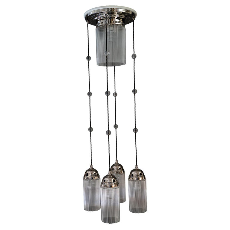 Art Deco Nickel chandelier with glass sticks vienna around 1920s