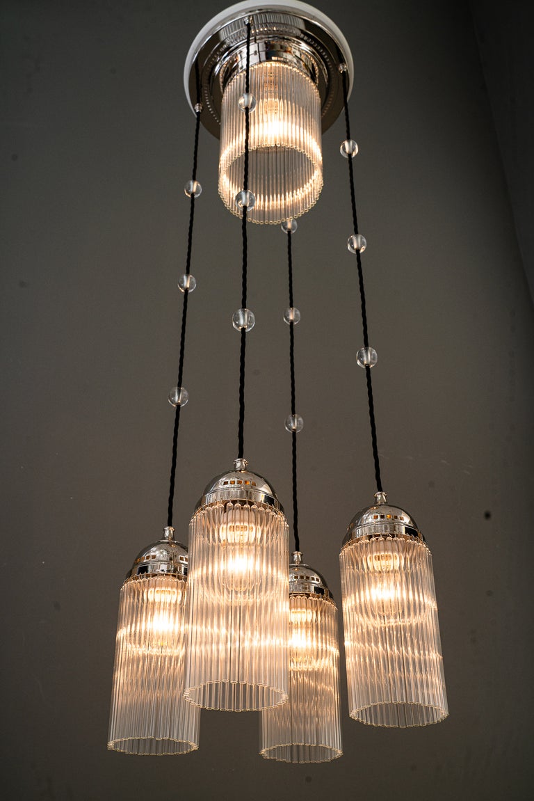 Art Deco Nickel chandelier with glass sticks vienna around 1920s