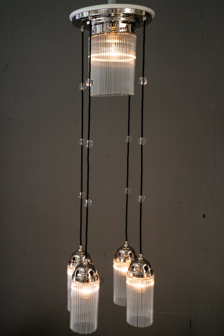 Art Deco Nickel chandelier with glass sticks vienna around 1920s