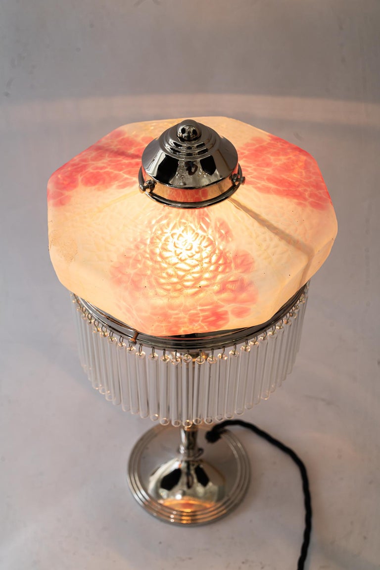 Art Deco nickel - plated table lamp with palme koenig glass shade 1920s