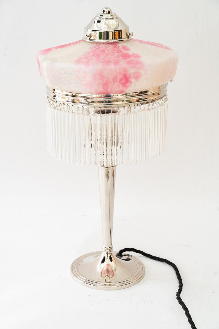 Art Deco nickel - plated table lamp with palme koenig glass shade 1920s