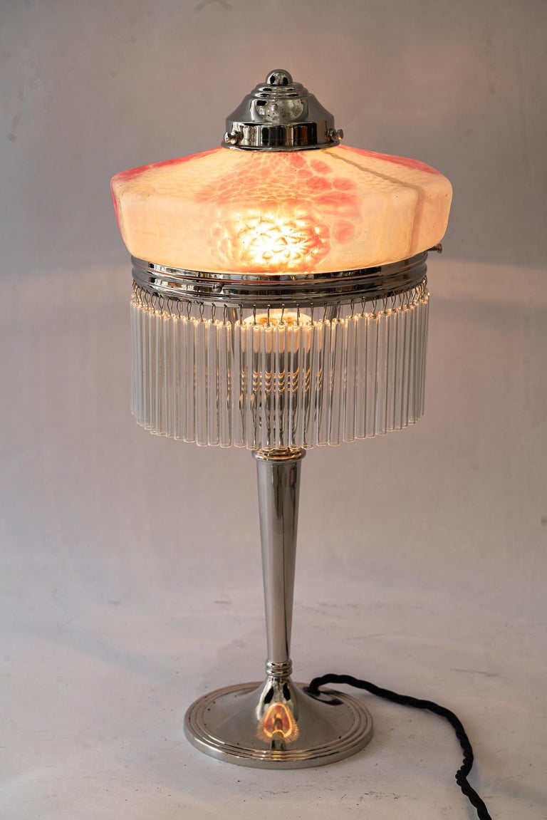 Art Deco nickel - plated table lamp with palme koenig glass shade 1920s
