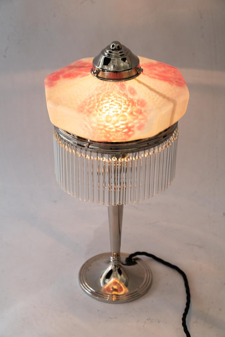 Art Deco nickel - plated table lamp with palme koenig glass shade 1920s