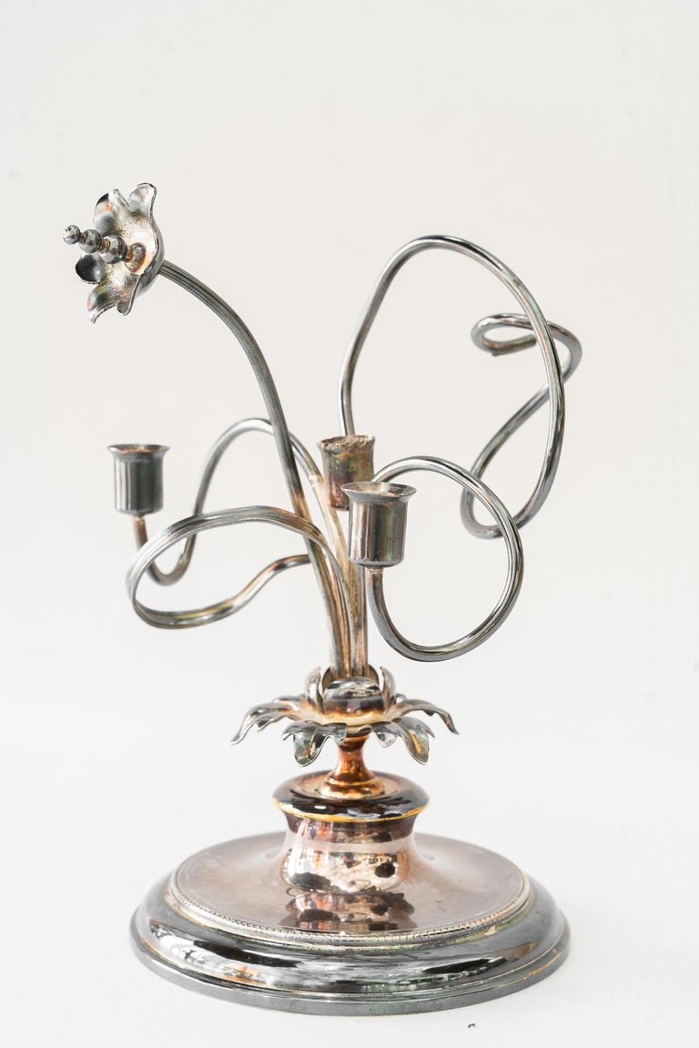 Brass silvered jugendstil candle holder for 3 candles vienna around 1908