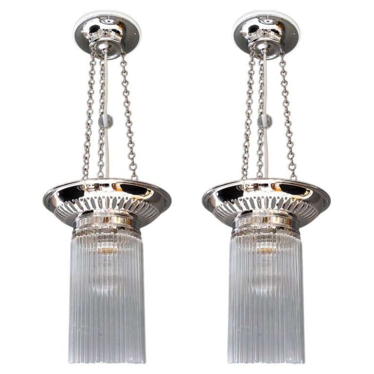 2 Nickel-plated ceiling lamps with glass sticks vienna around 1920